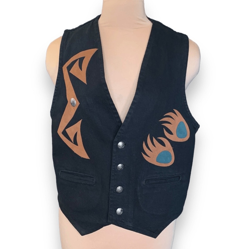 90s Black Denim Vest Sundance Bear Paw Boho Western Unisex Medium USA Made - Picture 3 of 12